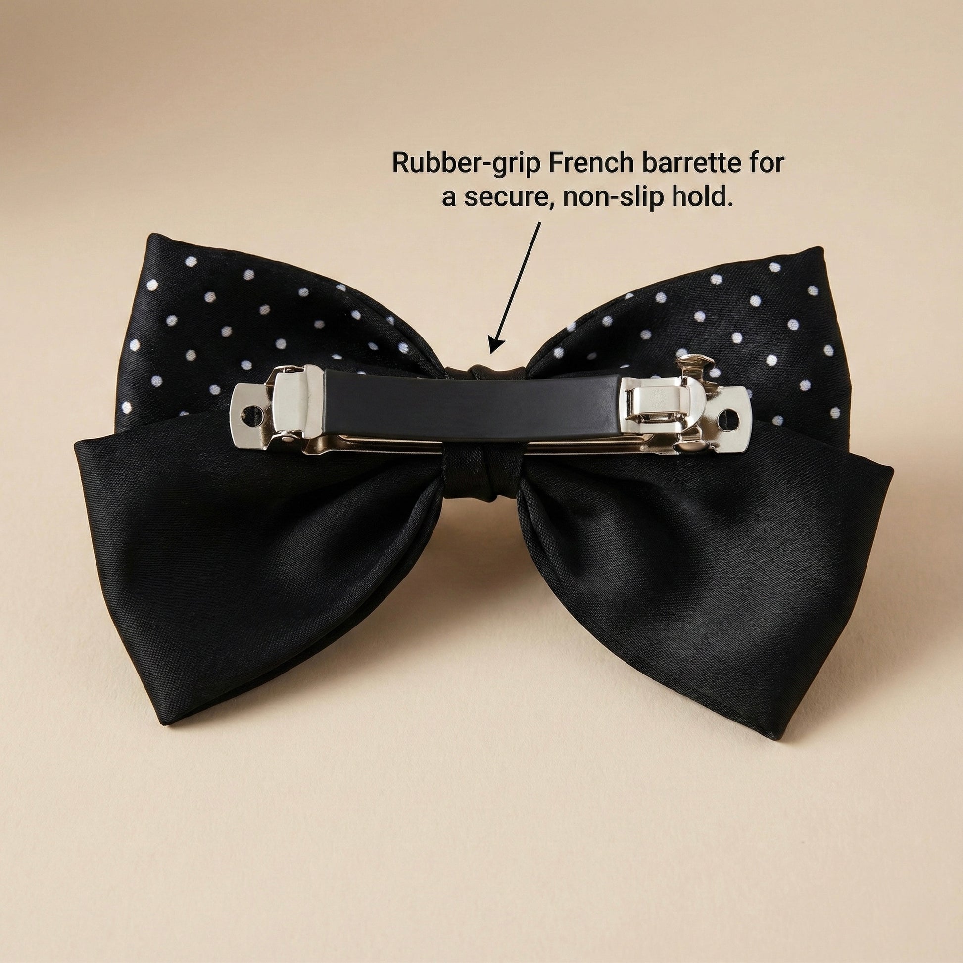Back view of satin hair bow with French barrette