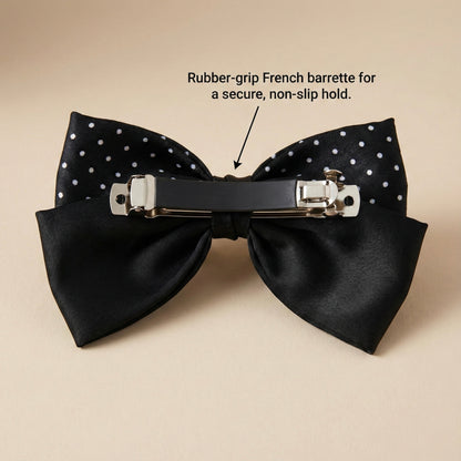 Back view of satin hair bow with French barrette