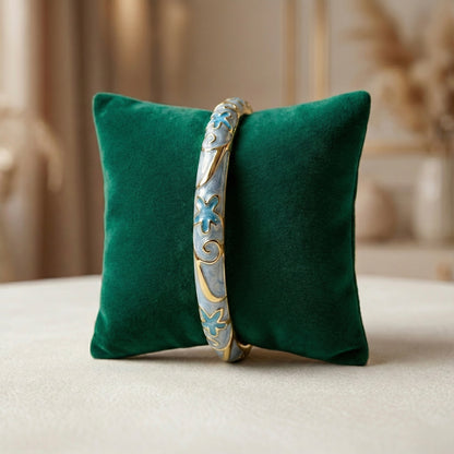 Sky Blue & Pearl Enamel Floral Bangle with Gold Accents