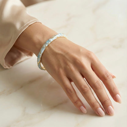 Sky Blue & Pearl Enamel Floral Bangle with Gold Accents