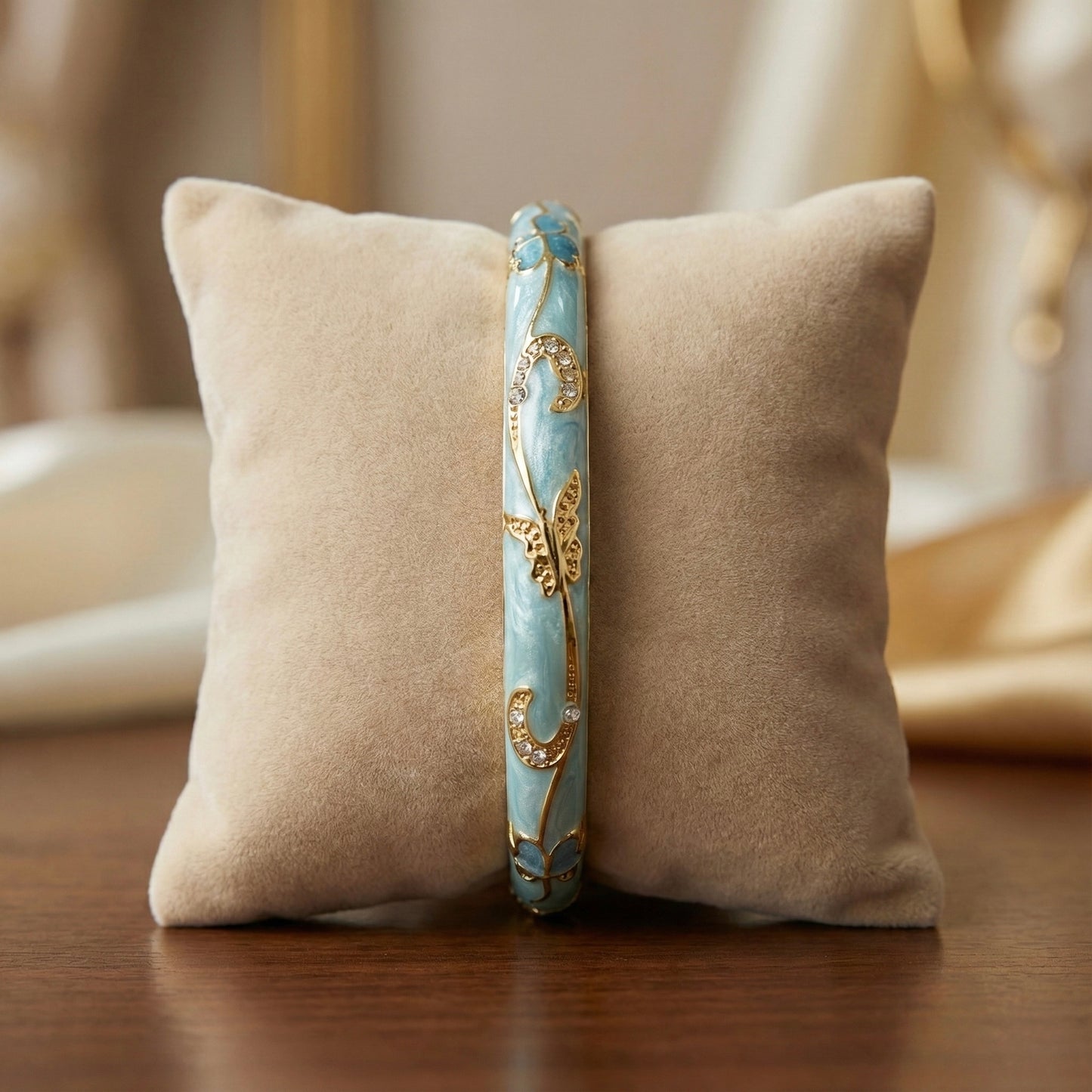 Sky Blue Enamel Floral Bangle with Crystal-Accented Gold Vine Detailing