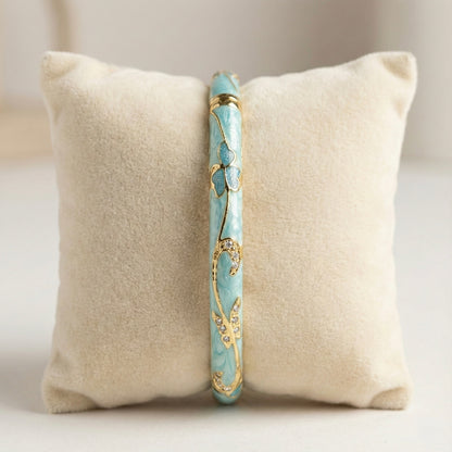 Sky Blue Enamel Floral Bangle with Crystal-Accented Gold Vine Detailing