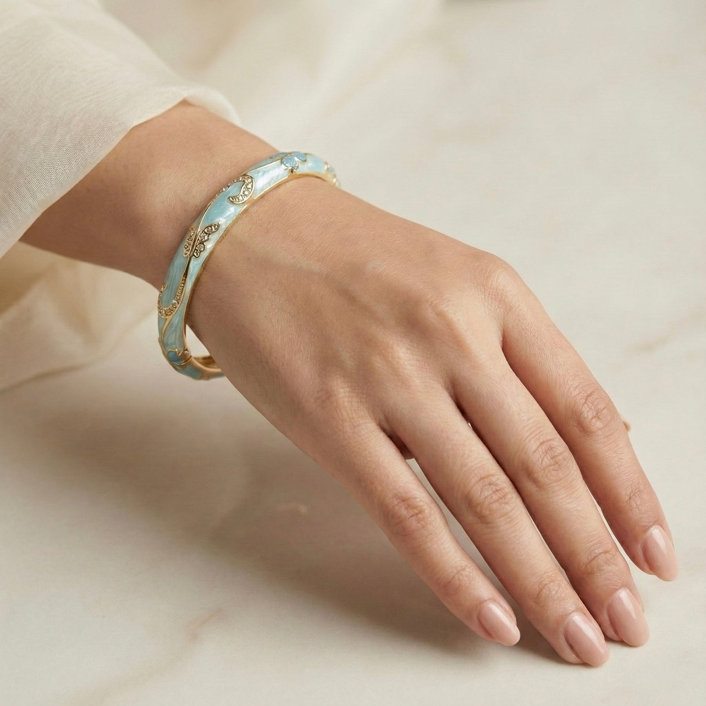 Sky Blue Enamel Floral Bangle with Crystal-Accented Gold Vine Detailing