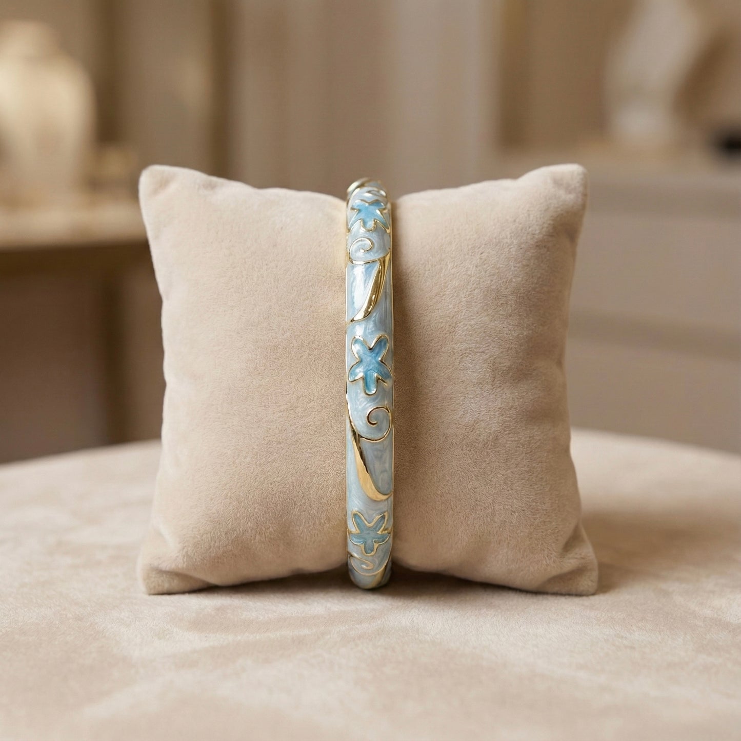 Sky Blue & Pearl Enamel Floral Bangle with Gold Accents