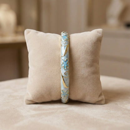 Sky Blue & Pearl Enamel Floral Bangle with Gold Accents