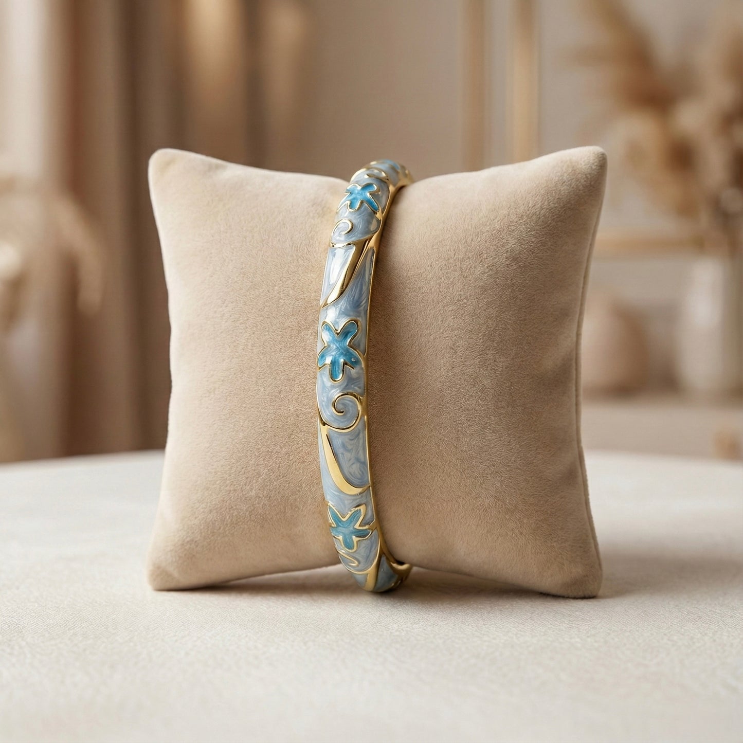 Sky Blue & Pearl Enamel Floral Bangle with Gold Accents