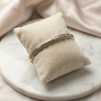 Soft Grey Floral Enamel Bangle with Pink Accents