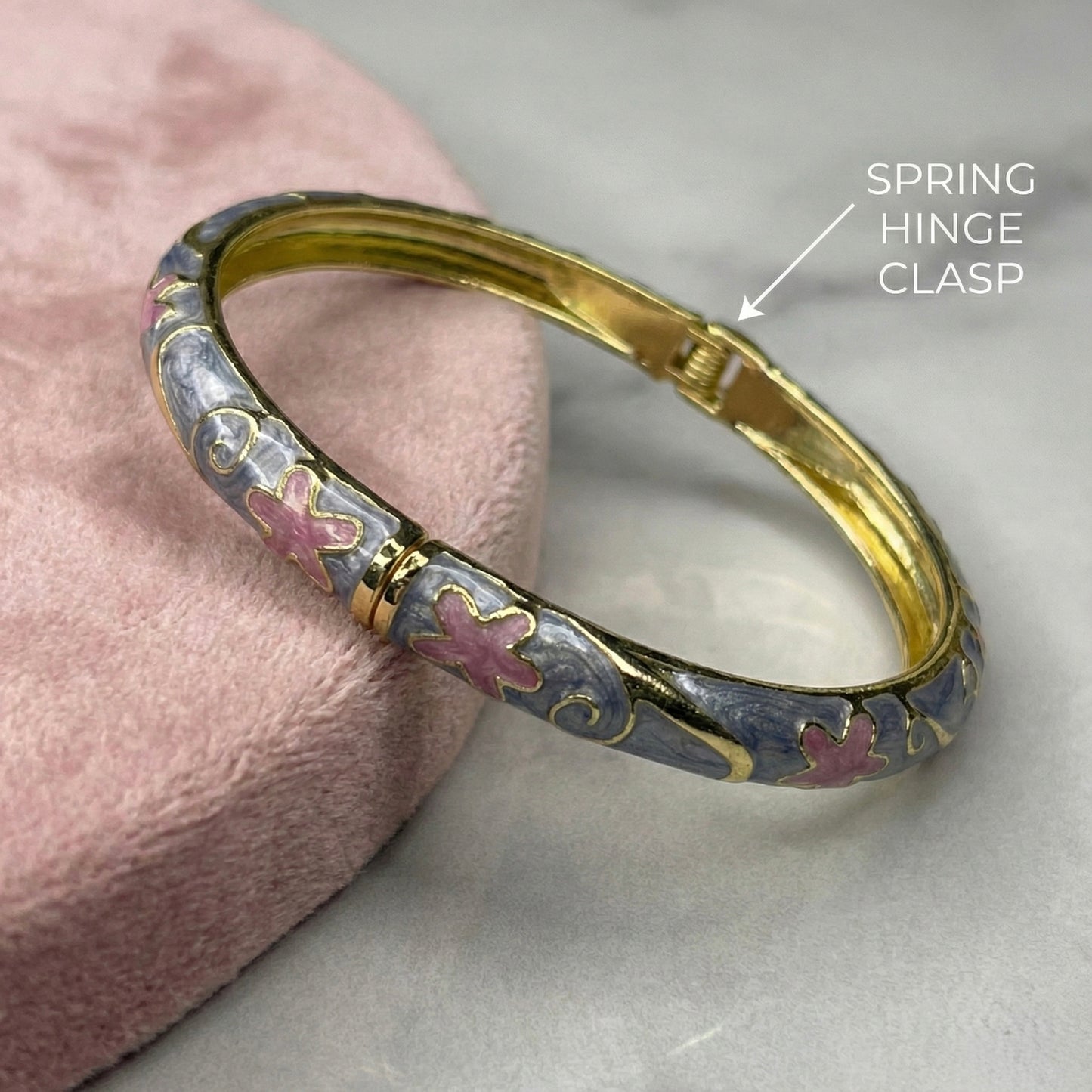 Soft Grey Floral Enamel Bangle with Pink Accents