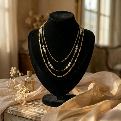 Golden Heart Pearl Cascade Layered Necklace – Stainless Steel Gold Plated