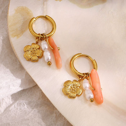 Peach pearl flower charms earings