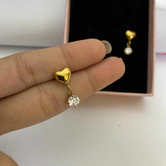 Heart drop round zircon anti tarnish gold plated earrings